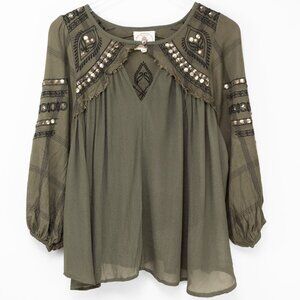 Muche et Muchette Embroidered Sequin Blouse Green Black One Size Fits Most